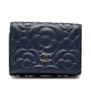 Chanel Camellia Coco Mark Navy Leather Women's Chanel
